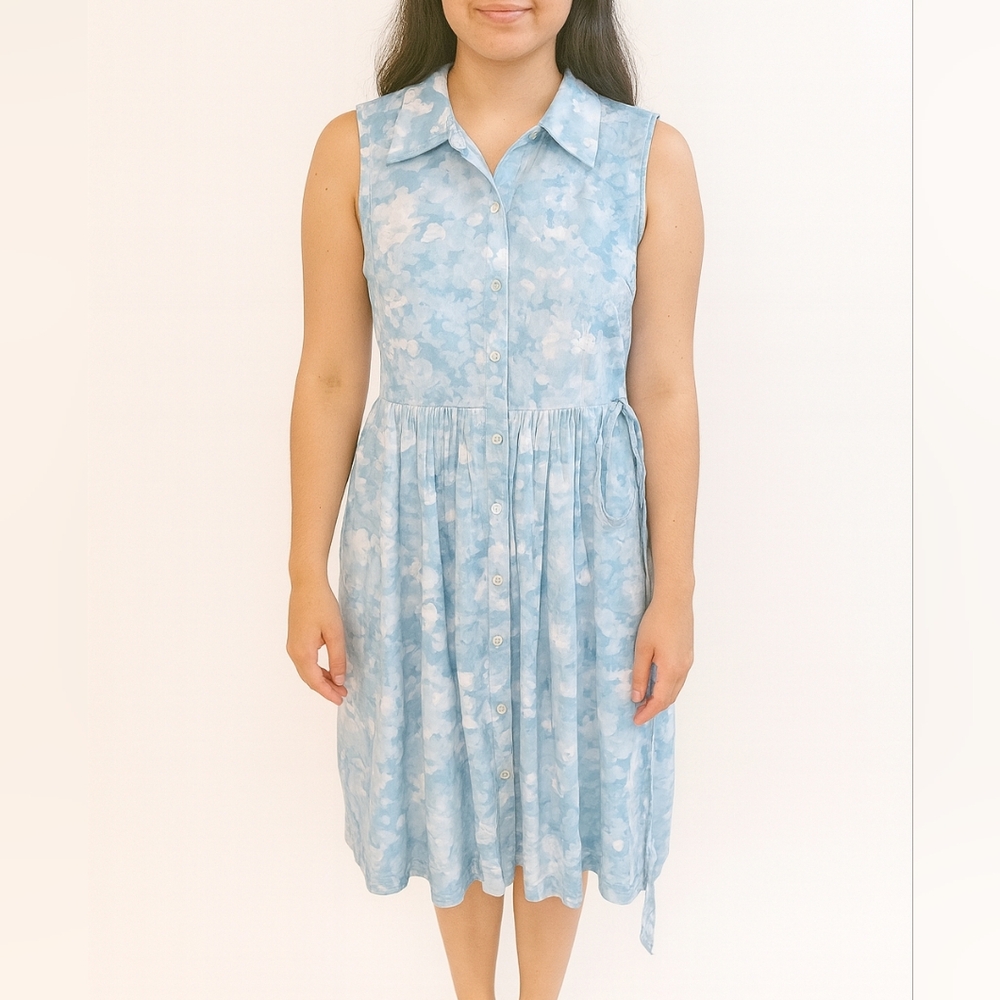 Talbots Floral Camoflauge Ocean Blue Butyon Front Tie‎ Dress Womens 10 Petite